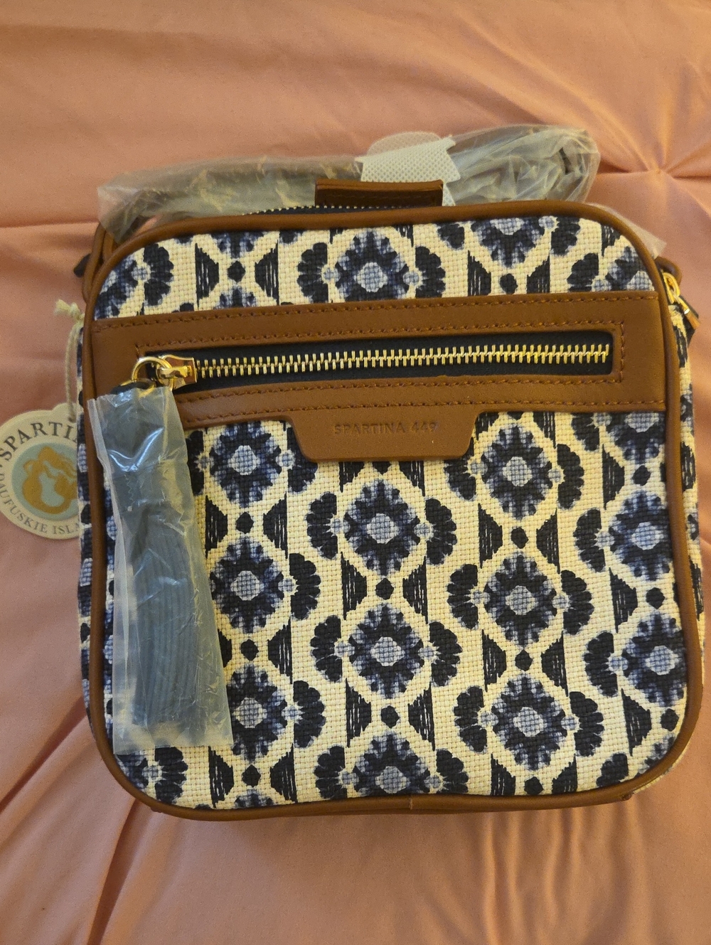 Brand New With TagsSpartina 449 Navy and Cream Patterned Crossbody with Tan Trim